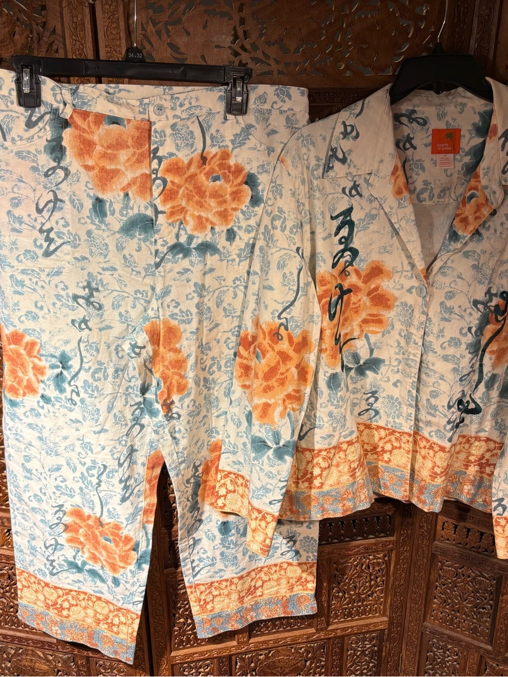 hearts of palm Cream Floral Wide-Leg Pants with Orange & Blue Print